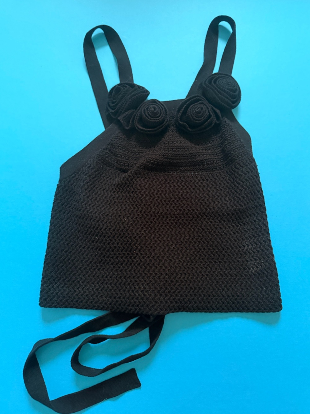 Another Girl Organic Cotton Knit Flower Black Summer Top Tank Tie Open Back M